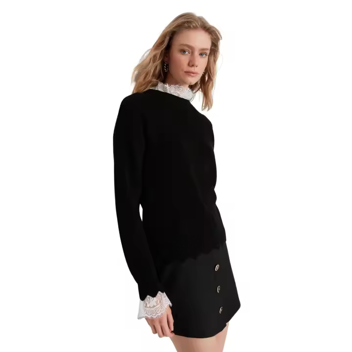 Trendyol Gray Lace/Tulle Woven Garnished Knitwear Sweater Twoaw22Kz0207 - 1