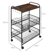 HOMCOM Carrito Auxiliar con Ruedas Carrito Verdulero de 3 Niveles Carrito de Cocina con 2 Cestas y 4 Ganchos para Comedor Salón 60x38x85,5 cm MarrónRústico - details 2