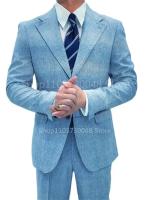 Traje De Boda Para Hombre Azul De Lino 2 Piezas Corte Slim Con Chaqueta De Dos Botones Y Pantalones Conjunto De Novio Casual - details 1