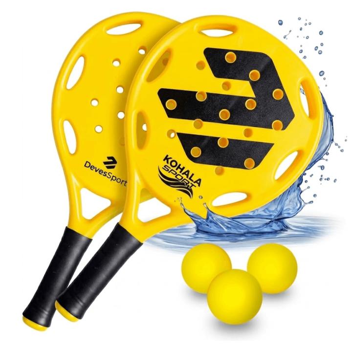 Set de Palas de Playa DEVESSPORT – 2 Raquetas de Alta Resistencia con Diseño Aerodinámico, 3 Pelotas de Caucho y Bolsa de Transporte de Rejilla – Kit de Juego para Playa, Piscina y Jardín