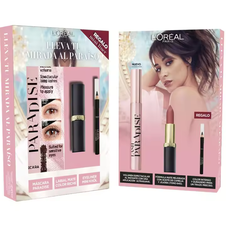 L'Oréal Paris Maquillaje | Cofre de Maquillaje con máscara de pestañas Lash Paradise, Labial Color Riche Matte en tono 640 Erotique y Mini liner Le Khôl de Regalo - 1