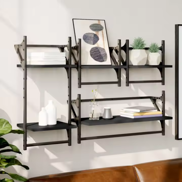 Estantes de pared con barras 4 pzas madera de ingeniería negro - 1