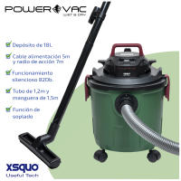 XSQUO Useful Tech PowerVac Plus Aspiradora de sólidos líquidos, función soplado 1200w, aspiración 19kpa, soplado 16 m2/min, capacidad 1.8 Litro, carcasa anti impactos. Fácil desplazamiento. Cable alimentación 5 mts. manguera 1.5 mts  Radio acción 8 metros - details 3