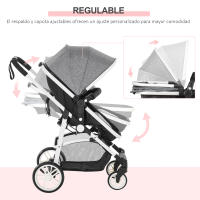 HOMCOM Silla de Paseo 2 en 1 Cochecito de Bebé y Capazo para Niños de 0-36 Meses con Capota Plegable Respaldo Reclinable Cesta Grande Palanca de Freno Carga 15kg 80x51x102 cm Gris - details 3