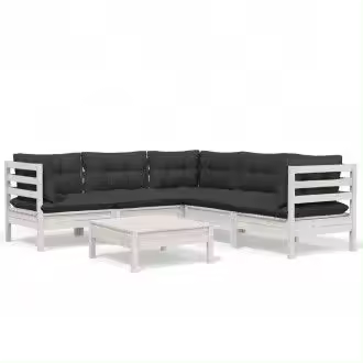 VIDAXL 3096678 conjunto de jardín de 6 piezas de mesa con sofás de madera de pino blancos y cojines gris antracita - 1