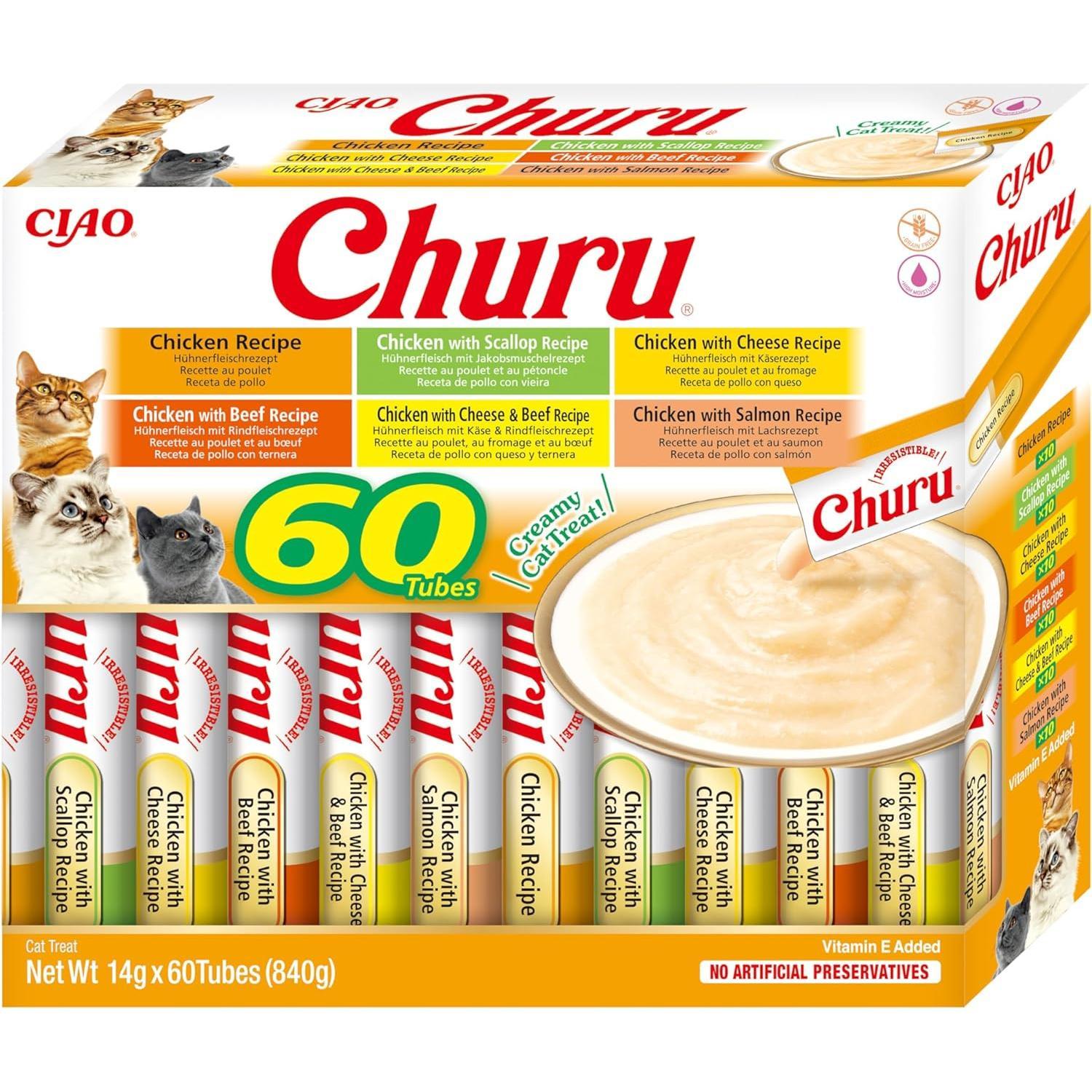 CHURU- INABA- Premios para Gatos - Snacks de varios Sabores - Sin Cereales 60x14g - Deliciosos premios saludables para gatos de todas las edades - Marca CHURU