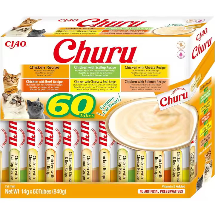 CHURU- INABA- Premios para Gatos - Snacks de varios Sabores - Sin Cereales 60x14g - Deliciosos premios saludables para gatos de todas las edades - Marca CHURU - 1