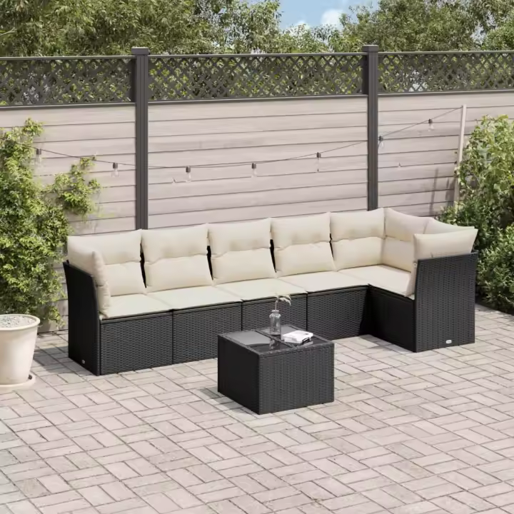 vidaXL Set de comedor de jardín 7 pzas y cojines ratán sintético negro - 1