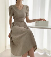 Vestido Largo De Algodón Y Lino Para Mujer Estilo Retro Vintage Con Manga Corta Diseño Sólido A-Line Cuello V Moda De Oficina - details 25