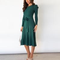 Vestido Casual Diario Para Mujer Con Mangas Burbuja Cintura Alta Ajustada Y Volante Medio Largo De Tejido Knit Moda Avanzada Y Única - details 14