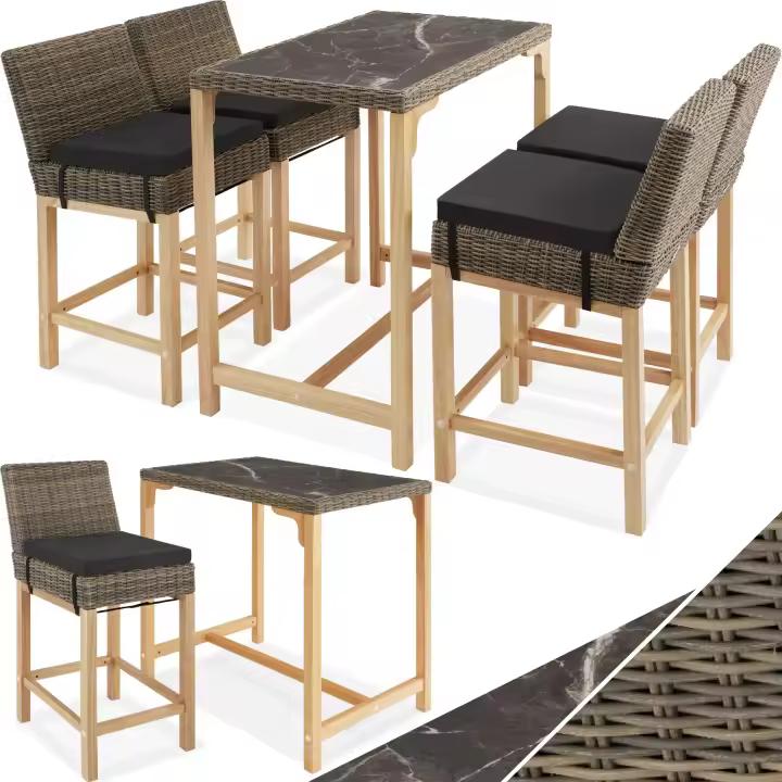 Tectake - Mesa de bar de ratán Kutina con 4 sillas Latina | Elegante conjunto de muebles de bar para exterior | Tablero extraíble de porcelanato gres marmolado | Fino trenzado de ratán sintético de calidad con protección UVA - 1