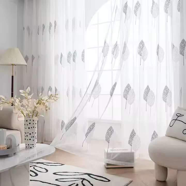 Cortina Transparente De Tules Bordada Con Patrón De Hojas De Café Diseño Moderno Y Pastoral Para Sala De Estar 1 Pieza - 1