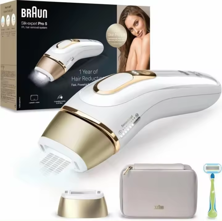 Braun Silk·expert Pro 5 PL5052 + REGALO de Recortadora Facial FS1000. Depiladora IPL Unisex para Depilación Permanente en Casa, Incluye Cabezal Estándar, Maquinilla Venus, Funda Blanda, Producto Europeo con Garantía Oficial. - 1