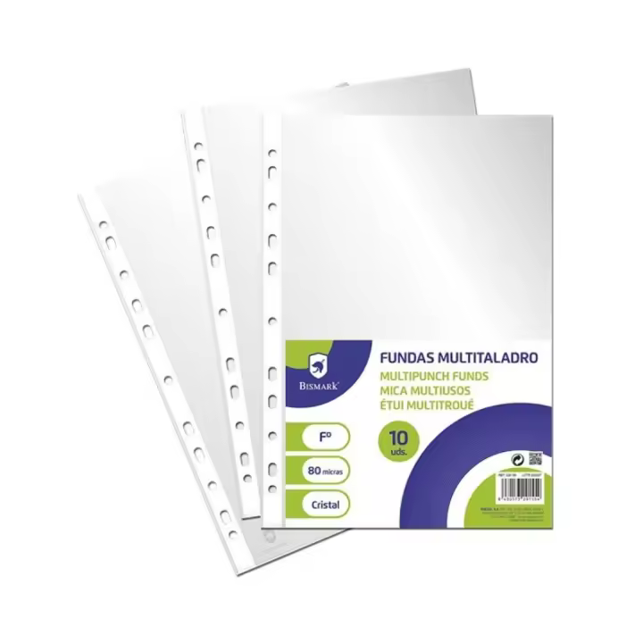 FUNDAS MULTITALADRO BISMARK 10/50 UNIDADES 80 MICRAS CRISTAL FOLIO - 1