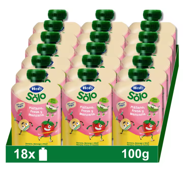 HERO Bolsitas Mi Fruta, plátano, fresa y manzana, 18x100g - 1