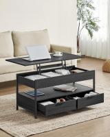 Mesa de centro elevable con almacenamiento, cajones, compartimentos ocultos y estante abierto, marrón rústico y negro - details 1