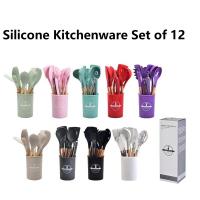 Set De 12 Utensilios De Cocina De Silicona Con Mango De Madera Y Cesta De Almacenamiento Resistente a Altas Temperaturas Y Antideslizante Incluye Espátula Y Cuchara - details 0