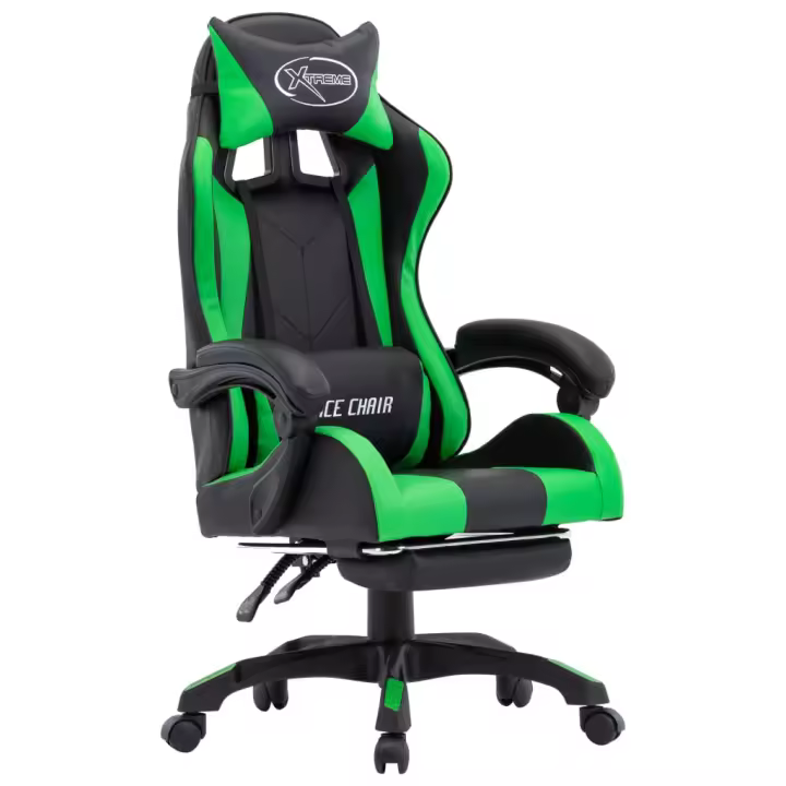 Silla de juego con reposacabezas de cuero Verde y Negro - 1