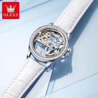 Reloj unisex automático OLEVS transparente de lujo, mecánico sin batería, elegante diseño visible, correa blanca de piel, estilo moderno para hombre y mujer, reloj de vestir clásico con maquinaria expuesta - details 3