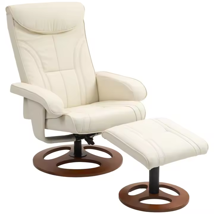 HOMCOM Sillón reclinable con reposapiés sillón reclinable sillón relajante con respaldo reclinable hasta 135° - tapicería sintética y base de madera - para salón, dormitorio, blanco - 1