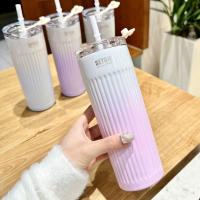 Botella De Agua Caliente Y Fría 500ml Acero Inoxidable 304 Portátil Antigrado Con Taza De Color Gradiente Y Absorbedor De Humedad Para Estudiantes - details 0