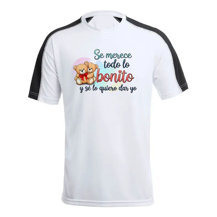 MERCHANDMANIA CAMISETA técnica franja mangas NEGRA frase bonita amor lindo ositos regalo san valentin tshirt - 1