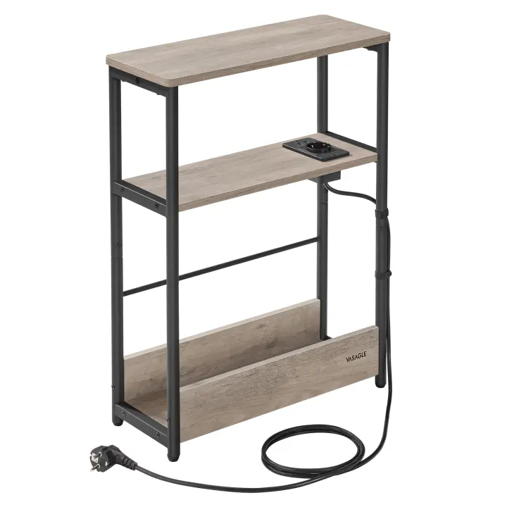 VASAGLE Mesa Auxiliar con Multienchufe, Mesa Auxiliar Estrecha con 3 Estantes, Mesa para Espacios Pequeños con Revistero, para Salón, Dormitorio, Estudio, Negro Ébano y Negro Tinta/Marrón Rústico y Negro Tinta/Greige Melange y Negro Tinta - 1
