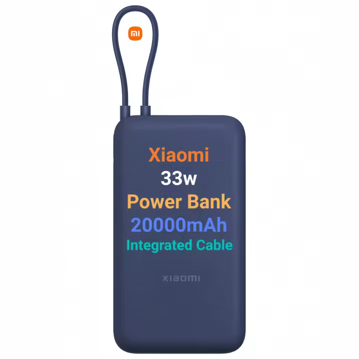 Xiaomi 33W Power Bank 20000mAh Integrated Cable - Azul, 20000 mAh, carga rápida 33W, cable integrado,  Apta para avión - 1