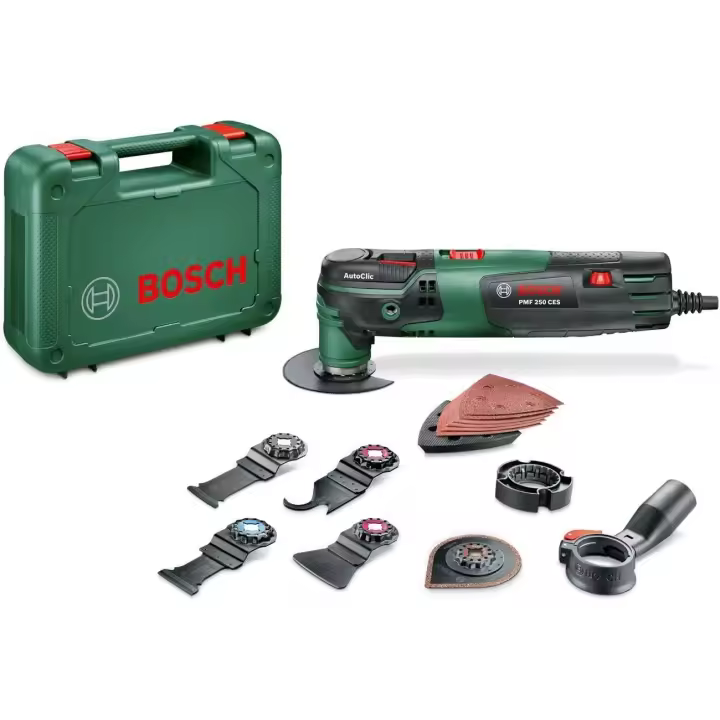 Bosch PMF 250 CES Set - Multiherramienta, 4 hojas de sierra, placa lijadora, cuchilla multiuso, juego de hojas lijadoras delta, sistema de aspiración, maletín (250 W) - 1