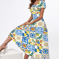 Nuevo Vestido Largo Impreso Para Mujer Talla Grande Cuello Redondo Manga Corta Estilo Preppy Mid-Calf Cierre De Cremallera - details 1