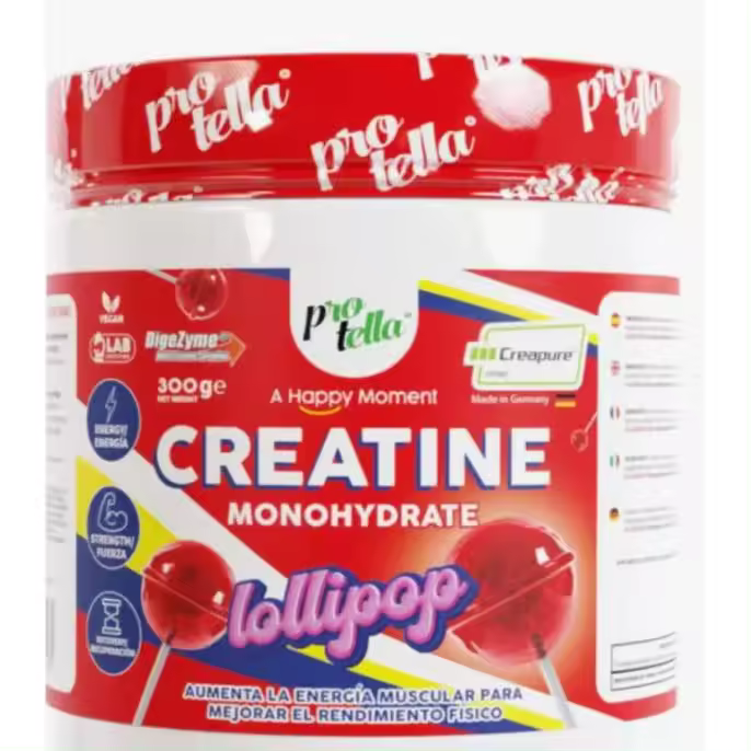 Creatina Creapure Lollipop 300g – Protella Creapure - Mejora resistencia - Alta Pureza - Rápida recuperación - Mejora rendimiento - Gran Absorción - Alto en proteína- Sin aceite de palma - Sin azúcar añadido - Sabor Delicioso - 1