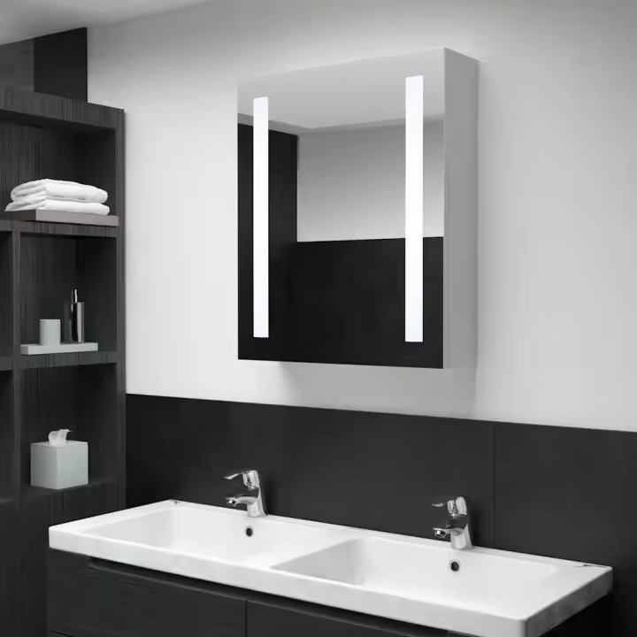 vidaXL Armario de baño con espejo LED blanco brillante 50x13x70 cm en color Blanco brillo/Roble/Gris hormigón y más | almacenamiento funcional diseño moderno para baño dormitorio sala - 1