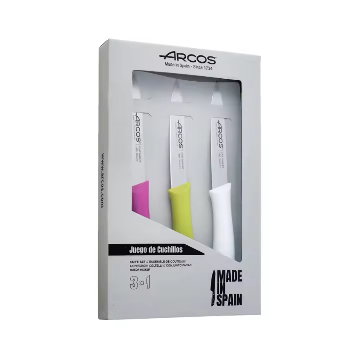 Arcos | Set 3 Cuchillos Mondadores | Cuchillos Arcos | cuchillo de pelar | cuchillos pelar patatas | Acero Inoxidable Nitrum | Hoja de 100 mm | Envase Ecológico | Multicolor - 1