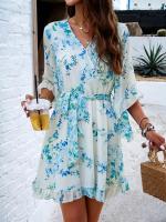 Vestido A-Line De Pierna Larga Para Mujer Con Estampado Floral Elegante Cuello V Manga Corta Estilo Casual Vestido De Verano Primavera - details 2