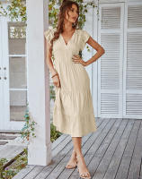Vestido Largo Medio De Verano Para Mujer Con Manga Volante Y Cuello V Estilo Casual Suelto A-Line Sin Capucha Material Viscosa Y Poliéster - details 4