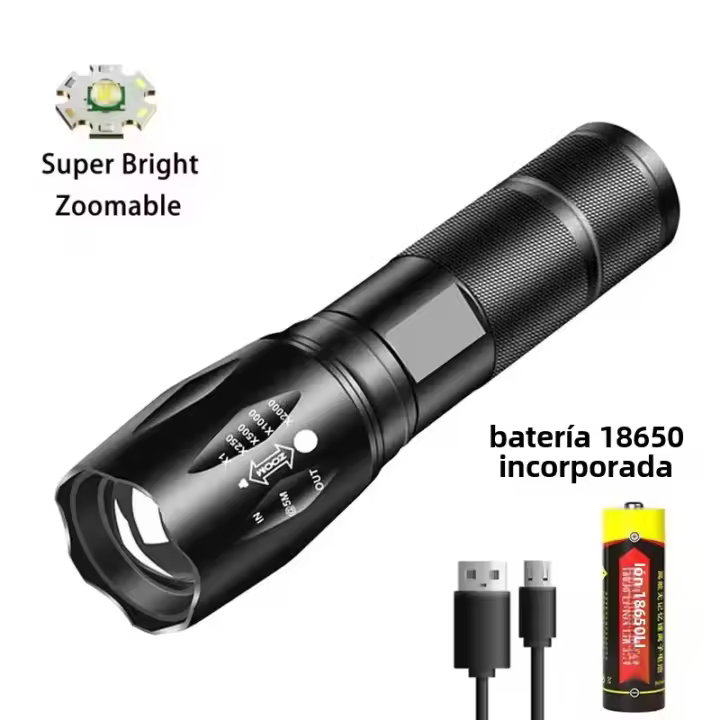 Linterna LED Recargable Potente Con Zoom Para Camping Luz Exterior Portátil Con 3 Modos De Iluminación Y Función De Bicicleta - 1