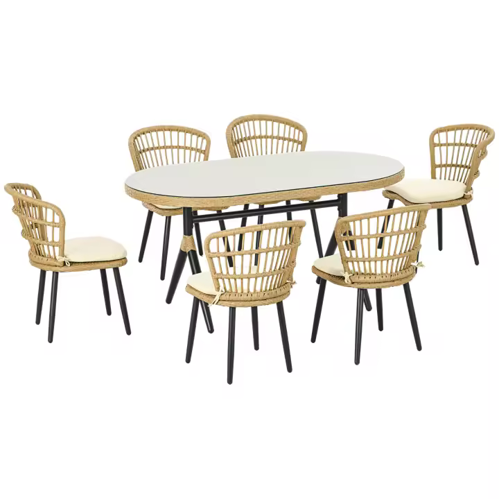 Outsunny Conjunto de Jardín de Ratán Sintético Juego de Muebles de Jardín Exterior de Ratán de 7 Piezas Incluye 6 Sillas con Cojines y Mesa de Vidrio Templado Natural - 1