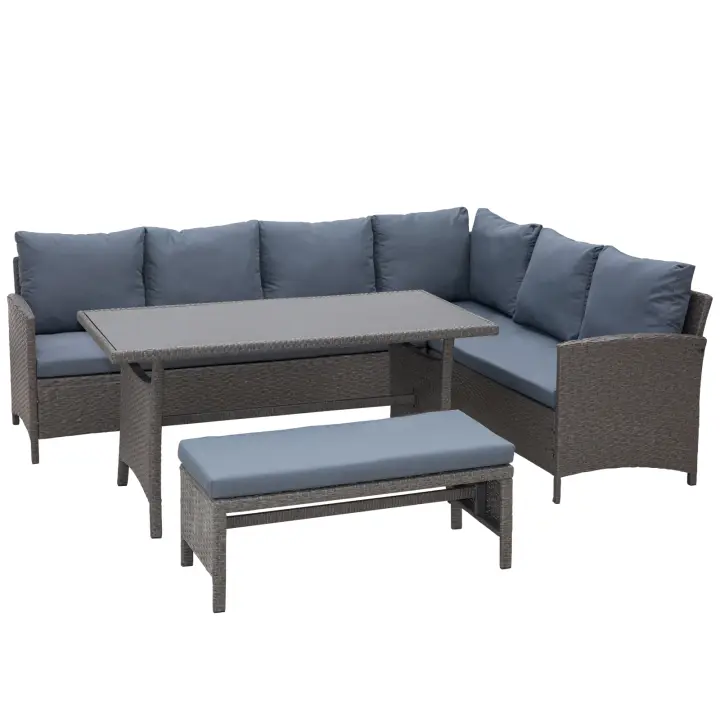 Outsunny Conjunto 4 Piezas Muebles de Ratán Espacio Amplio con Cojines Acolchados para Jardín o Terraza Patio 2 Sofá 1 Mesa 1 Banco de Exterior Tubo de Hierro Vidrio Templado Gris - 1