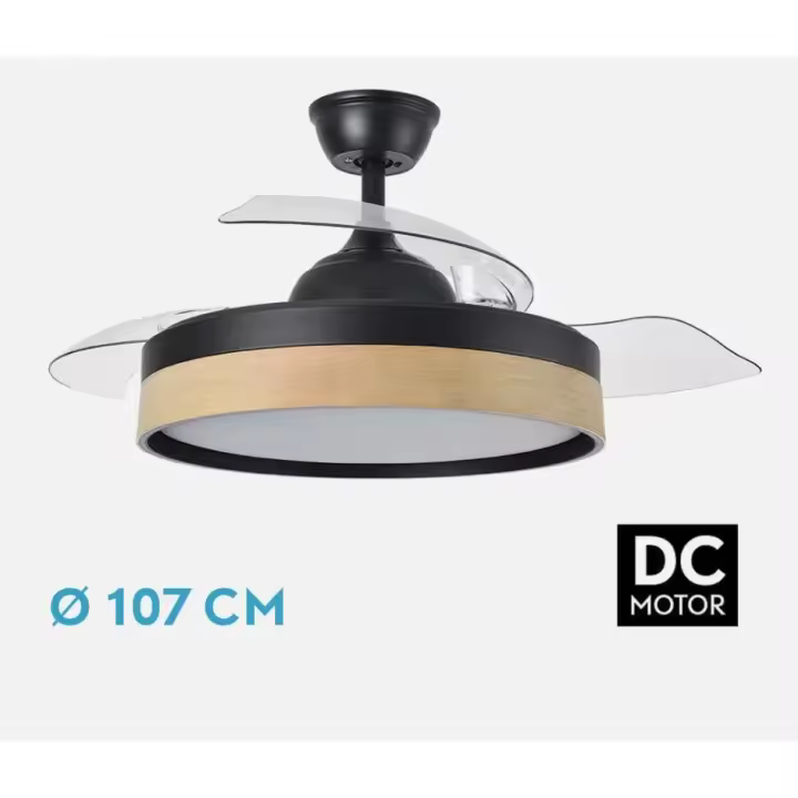 FABRILAMP Ventilador ALTA GAMA Dc IGLU 59w 6980lm Blanco/haya o Negro/haya 3asp.despl. 32/47x50/107d.3colores, Remoto, Regulable intensidad, Temporizador, Memoria . Incluye mando a distancia y dos tijas de 10 y 25 centímetro calidad de confianza - 1