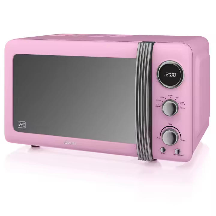 SWAN SM22030LPNEU Retro Microondas Digital 20L, 5 Niveles de Potencia, Función Descongelación Temporizador 60 Min, 800W, Rosa - 1