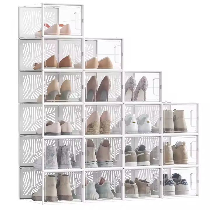 Set de 18 Cajas Transparentes para Zapatos Apilables, Organizadores Robustos y Plegables para Talla 46, Expositor para Zapatillas y Tacones, Color Transparente y Blanco - 1