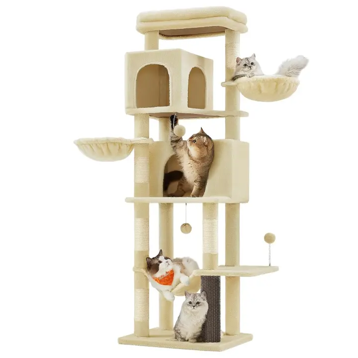Árbol para Gatos Multinivel de 175 cm - Torre con 2 Cuevas, 2 Cestas, 5 Rascadores, Plataforma, Hamaca y Alfombra, Color Beige Arena, Gris Paloma, Gris Oscuro - 1