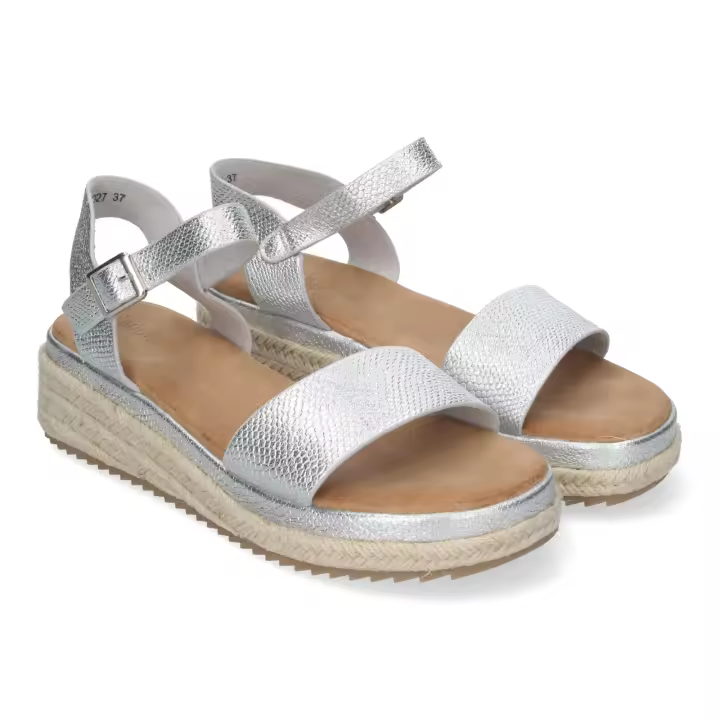 Davinia Shoes Sandalias Planas para Mujer, con Yute, Elegantes y Comodas con Pala Abierta y Hebilla Ajustable, Ideales para Verano. Shoes&Blues.es CF-3027-Plata - 1