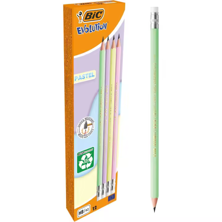 BIC Evolution Pastel Lápices de Grafito con Goma y Mina HB Resistente a los Impactos - 4 Colores de Cuerpo Diferentes (Caja de 12 Uds.) - 1
