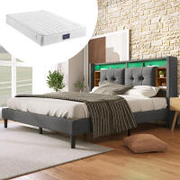 Cama tapizada Cabecero de Cama Doble with Almacén Marco de Cama with USB de carga e iluminación LED Somier de lámparas de Madera, 160*200CM Gris (with colchón) - details 11