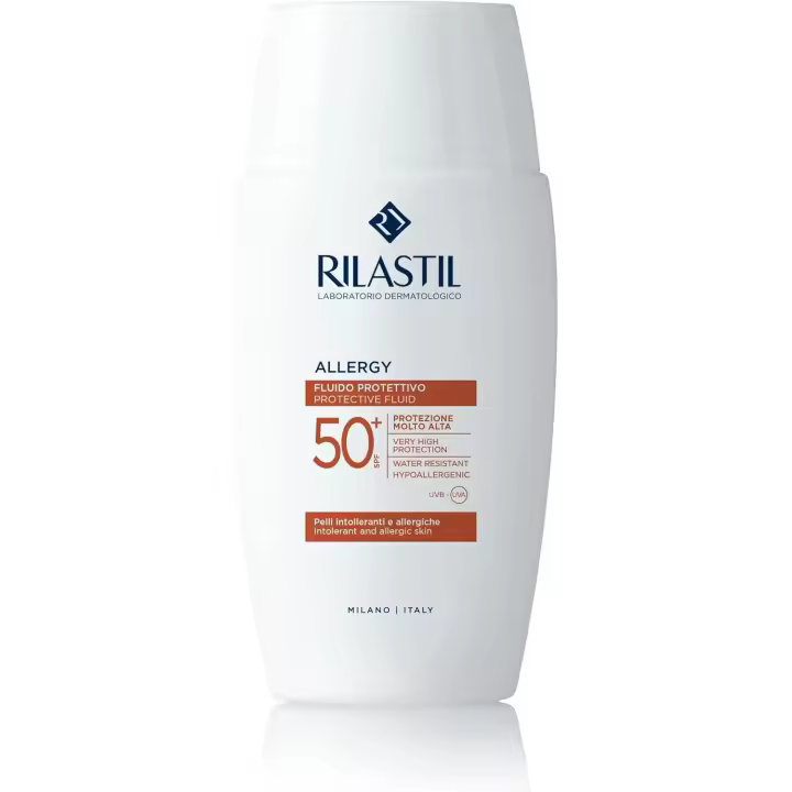 Rilastil - Sun System Allergy  Fluido Protector, Protección Muy Alta SFP50+, Protege y Calma, Resistente al Agua, Contra Rayos UVA, UVB y Luz Azul, Para Pieles Alérgicas e Intolerantes - 50 ml - 1