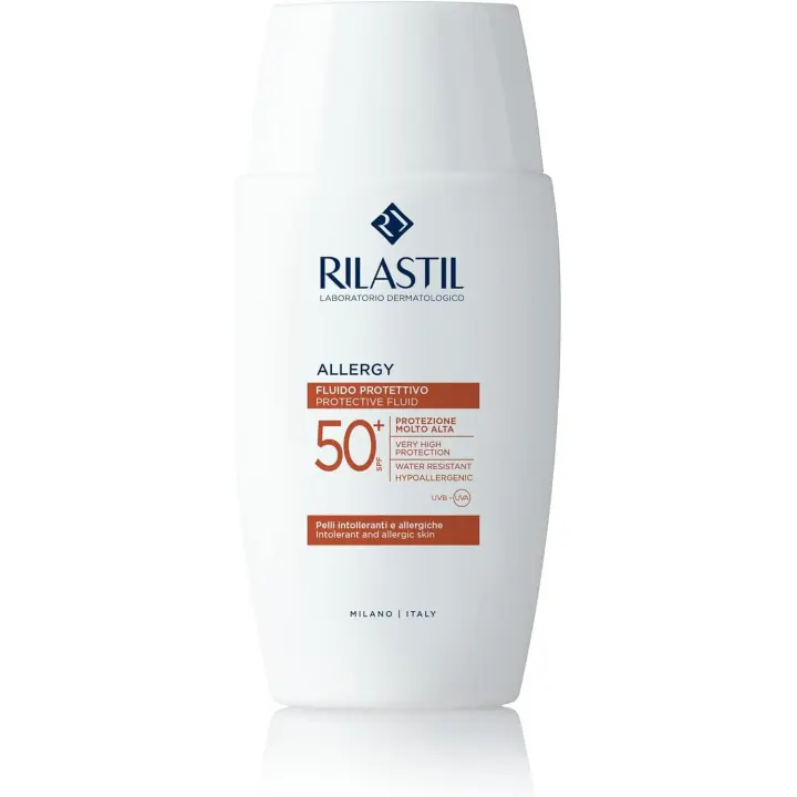 Rilastil - Sun System Allergy  Fluido Protector, Protección Muy Alta SFP50+, Protege y Calma, Resistente al Agua, Contra Rayos UVA, UVB y Luz Azul, Para Pieles Alérgicas e Intolerantes - 50 ml - 1