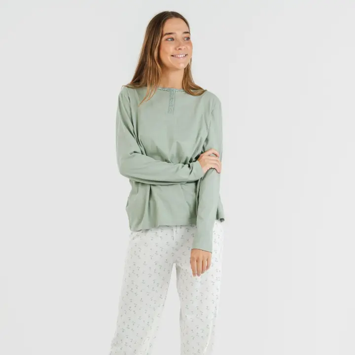 TRAMAS+ Pijama de Mujer 100% Algodón, Camiseta Manga Larga y Pantalón - 1