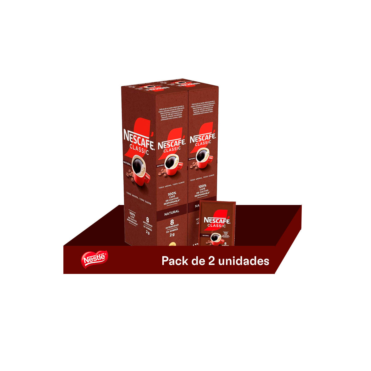 Nescafé Café Soluble Natural - 1 Estuche de 50 Sobres | Café Instantáneo para un Despertar Perfecto - Pack de 2 Unidades