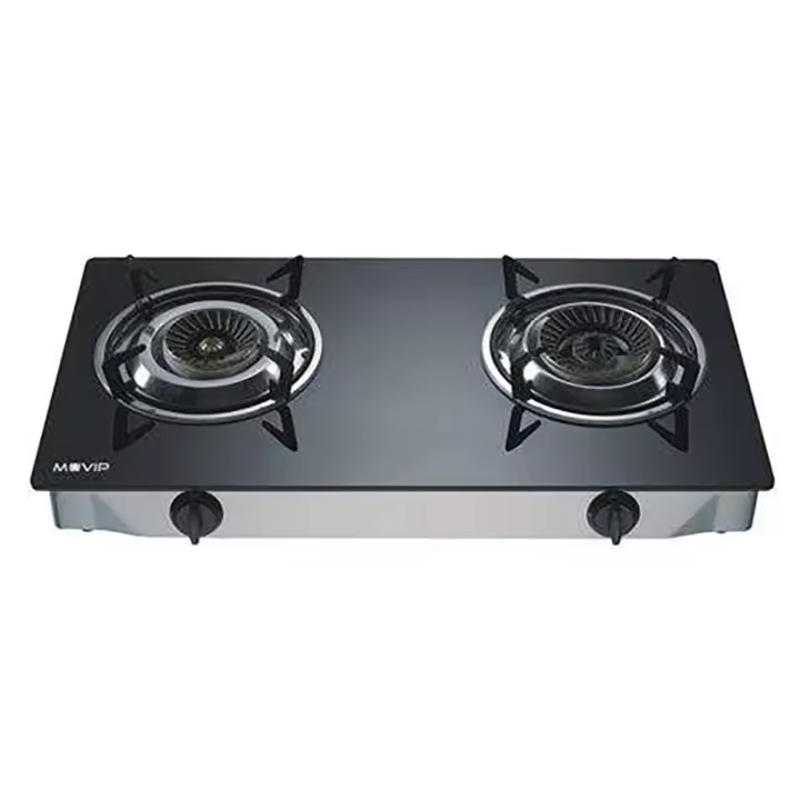 Muvip Cocina de Gas Inox 2 Fuegos - Cristal Templado - Encendido Piezoelectrico - Quemador de Hierro Fundido Desmontable - Hornillo de gas - 1